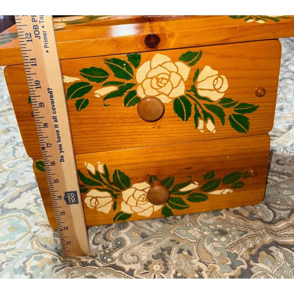 Vintage Hand Painted Wood Jewelry Box Tissue Holder Combo Floral Rose 2 Drawer